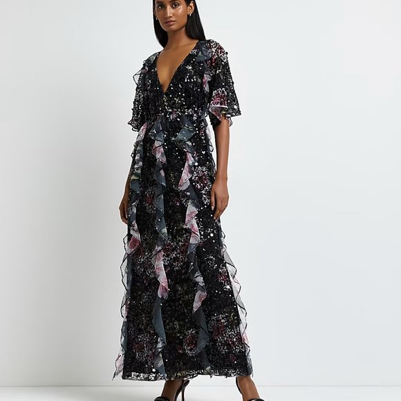 River Island Dresses River Island Black Sequin Frill Wrap Maxi